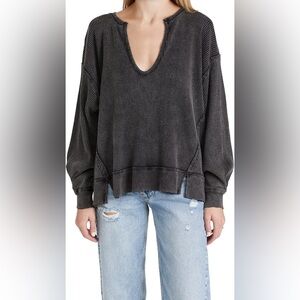 We The Free Black V-Neck Sweater Oversized Waffle Knit